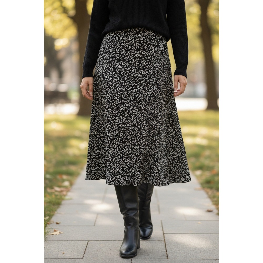 J Jill Black Floral Midi Skirt Women's XS A-Line Rayon Spandex‎ Flowy